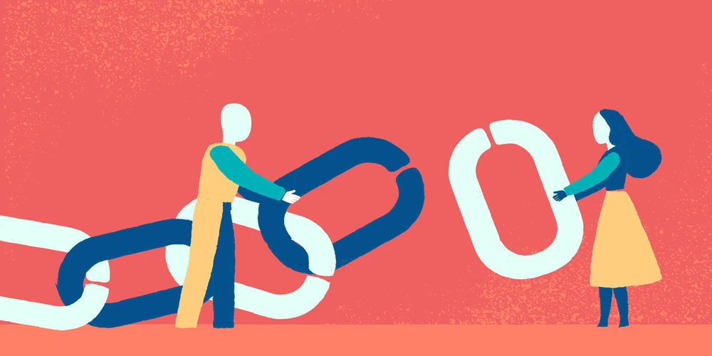 שתי דמויות חסרות פנים מחברות חוליות שרשרת גדולות על רקע אדום. דמות אחת מחזיקה חוליות כחולות, והדמות השנייה מחזיקה חוליות לבנות.